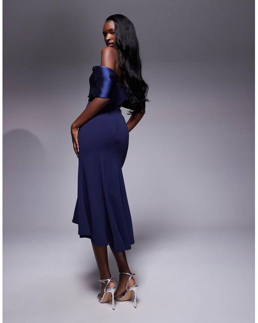Goddiva Blue Twist Knot Satin & Scuba Bardot High Low Midi Dress