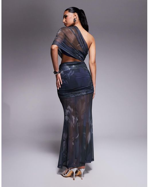 ASOS Blue One Shoulder Maxi Dress With Ruched Bodice And Sheer Skirt