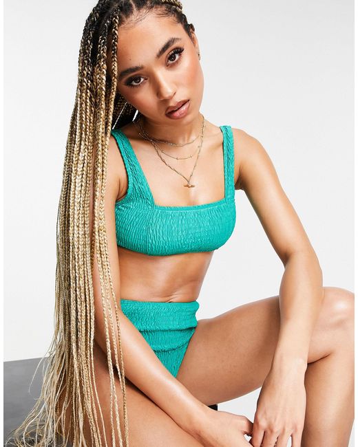 Missguided Green Crinkle Bikini Top With Square Neck
