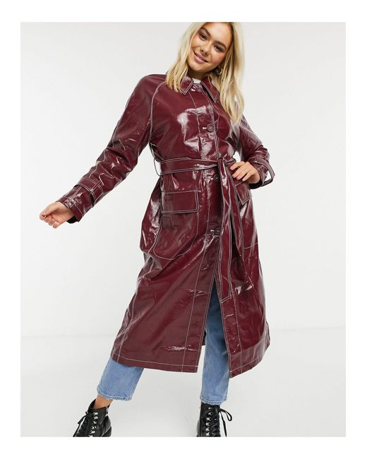 ASOS Red Vinyl Trench Coat With Contrast Stitching