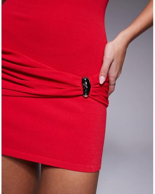 I.AM.GIA Red Sugar Slash Neck Ruched Detail Open Back Side Metal Hardware Mini Dress