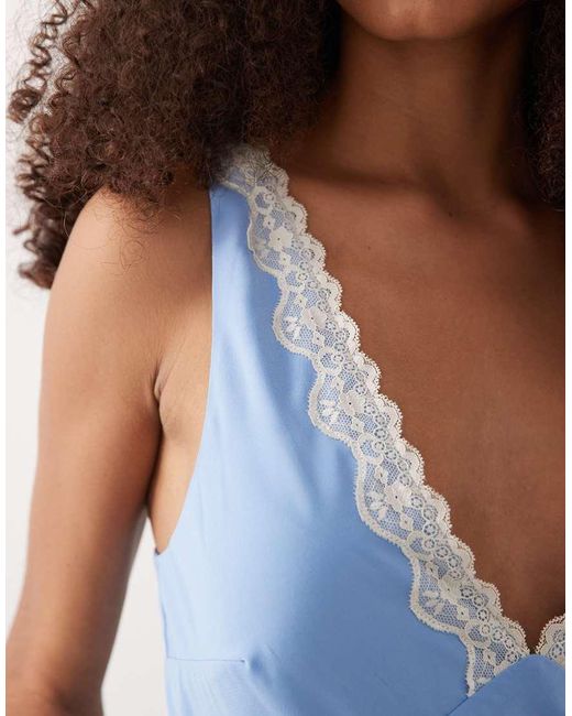 Abercrombie & Fitch Blue V Neck Slip Lace Trim Maxi Dress