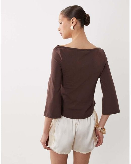 ASOS Brown 3/4 Sleeve Top With Boat Neck