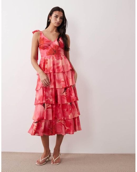 Pretty Lavish Red Fiore Tie Shoulder Ruffle Detail Midi Dress