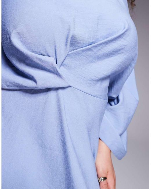 ASOS Blue Asos Design Curve Long Sleeve Tucked Waist Bias Satin Maxi Dress