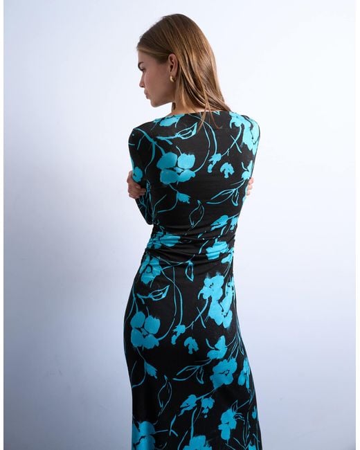 TOPSHOP Blue Floral Print Slash Neck Long Sleeve Maxi Dress