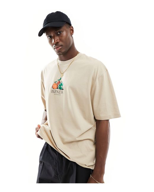 Camiseta extragrande con estampado ASOS de hombre de color Natural