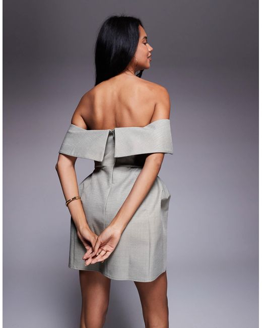 ASOS Gray Structured Deep Fold Off The Shoulder Mini Dress With Angled Skirt