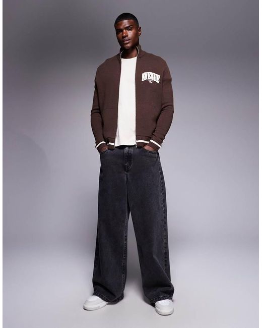 ASOS Brown Relaxed Knitted Zip Through Track Jacket With Marseille Print for men