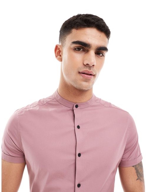 Camicia skinny con collo serafino color malva di ASOS in Pink da Uomo