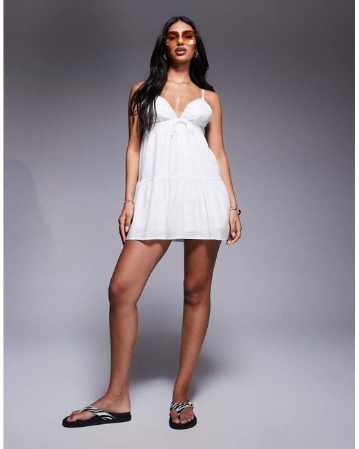 Princess Polly White Nicoletta Linen Blend Lace Trim Babydoll Tiered Mini Dress