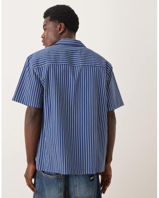 ASOS Ruimvallend Gestreept Overhemd Met Geborduurd Logo Op De Borst in het Blue voor heren