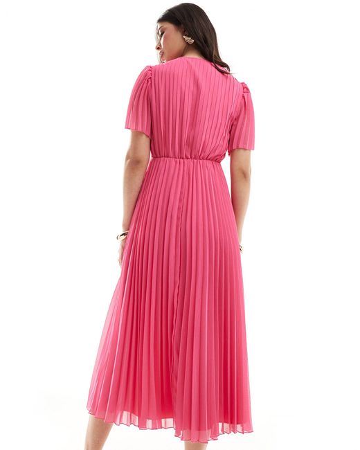 ASOS Pink Pleated Bodice Flutter Sleeve Pleat Midi Dress