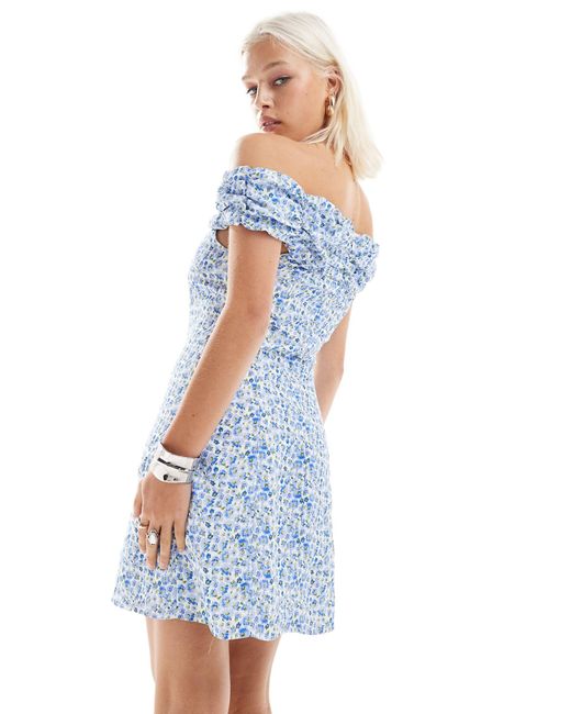 Glamorous Blue Ruffle Off Shoulder Structured Mini Dress