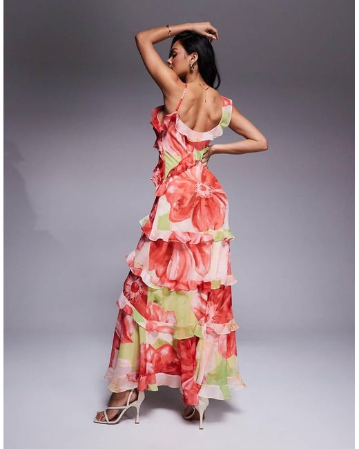 Vestito Lungo A Fiori Rossi E Lime Con Volant di Forever New in Red