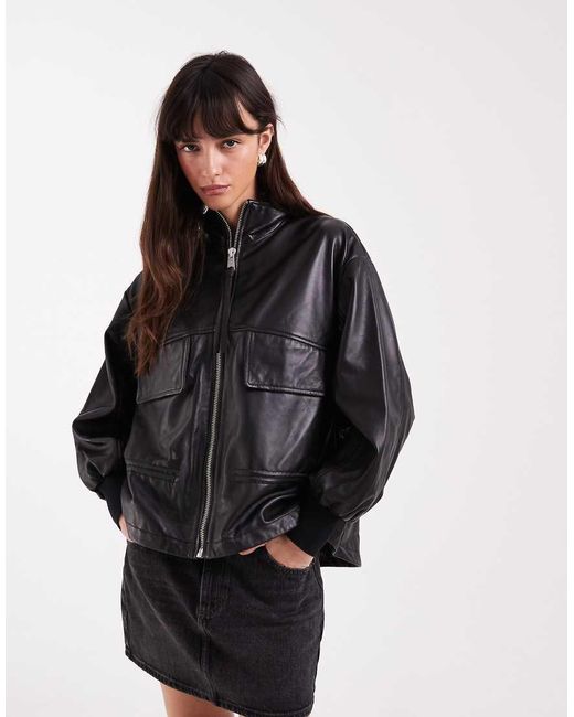 AllSaints Gray Flor Zip Through Cinched Leather Jacket