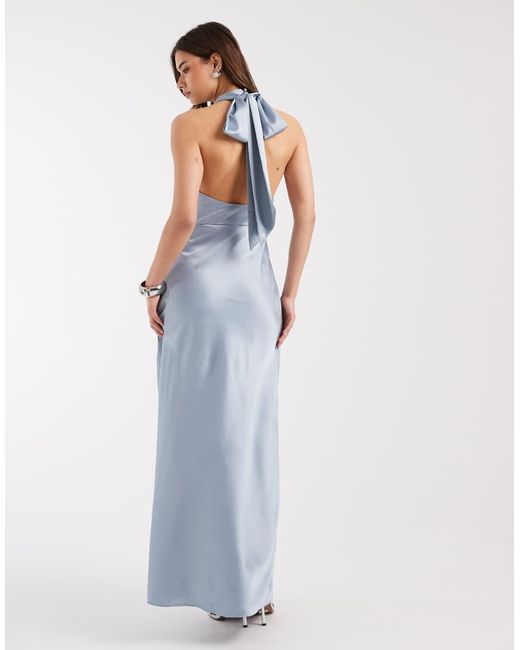 4th & Reckless Blue Satin Cowl Neck Low Back Maxi Dress