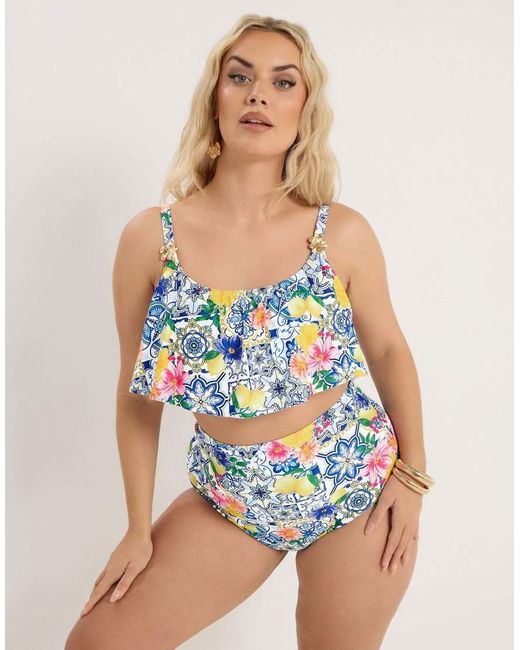 Yours Clothing Blue Mediterranean Frill Bikini Top