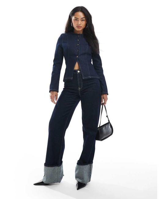 ASOS Blue Collarless Denim Jacket With Shoulder Pads And Cinched Waist