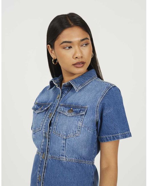 Brave Soul Blue Collared A-Line Denim Mini Dress