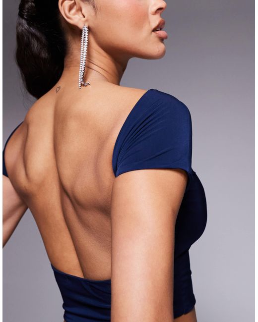 Kaiia Blue Exclusive Double Layered Slinky Boatneck Low Back Crop Top Co-ord