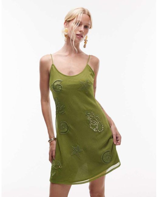 TOPSHOP Green Scoop Neck Mini Shell Embellished Dress