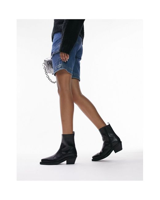 TOPSHOP Black Wide Fit Lara Leather Western Style Ankle Boot
