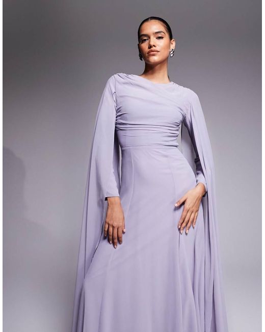 Beauut Purple Chiffon Wrap Front Sleeve Drama Cape Detail Maxi Dress