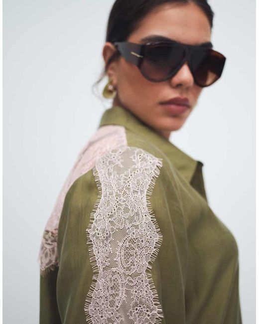 Never Fully Dressed Green Satin Lace Detail Button Down Shirt Co-ord