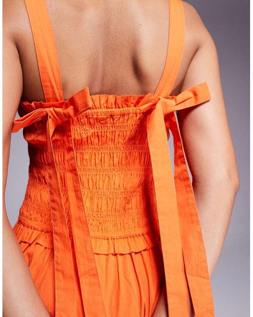 River Island Orange Shirred Midi Dress