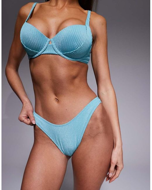 ASOS Blue Riddy Glitter Rib Ibiza High Leg Cheeky Bikini Bottom