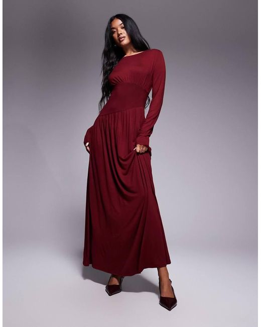 ASOS Long Sleeve Slash Neck Seam Detail Maxi Dress in Red | Lyst UK