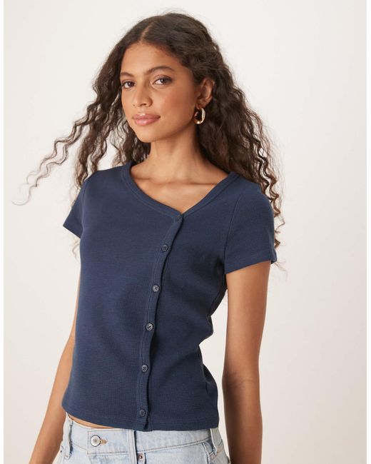 ASOS Blue Asos Deisgn Waffle Asymmetric Button Up Long Sleeve Top