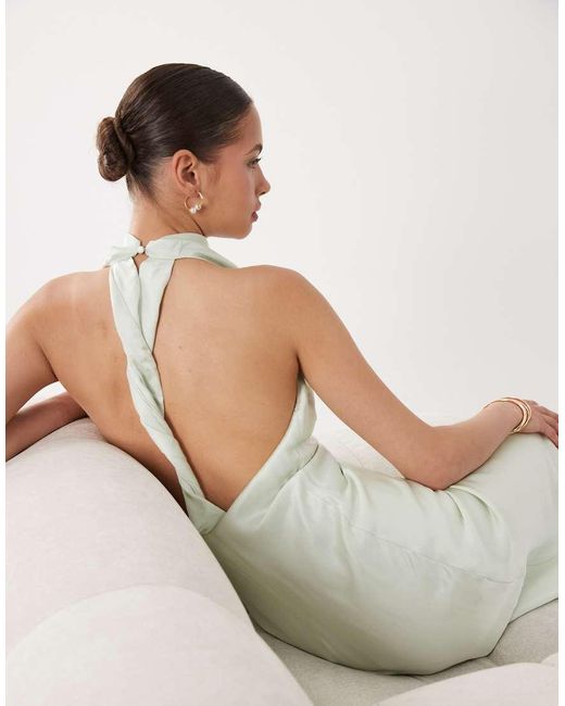 SNDY'S White Satin High Neck Open Back Twist Detail Maxi Dress