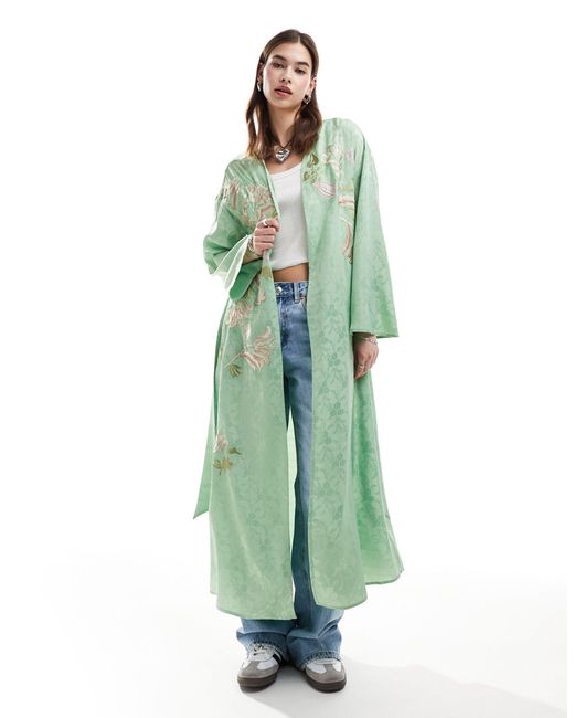 Reclaimed (vintage) Green Satin Kimono With Embroidery