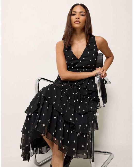 PixieGirl Black Petite Polka Dot Chiffon Midi Dress