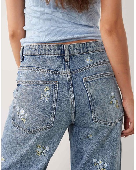 Mango Blue Beverly Cotton Mix Straight Jean With Floral Embroidery