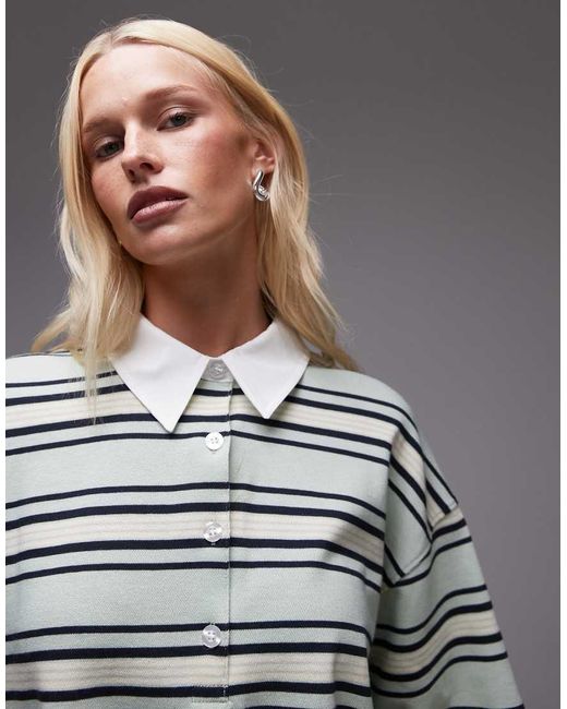 TOPSHOP Gray Jersey Stripe Rugby Long Sleeve Polo