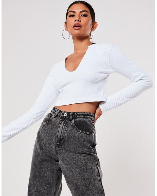 Missguided Notch Neck Ribbed Long Sleeve Crop Top, Plain Pattern - Lyst