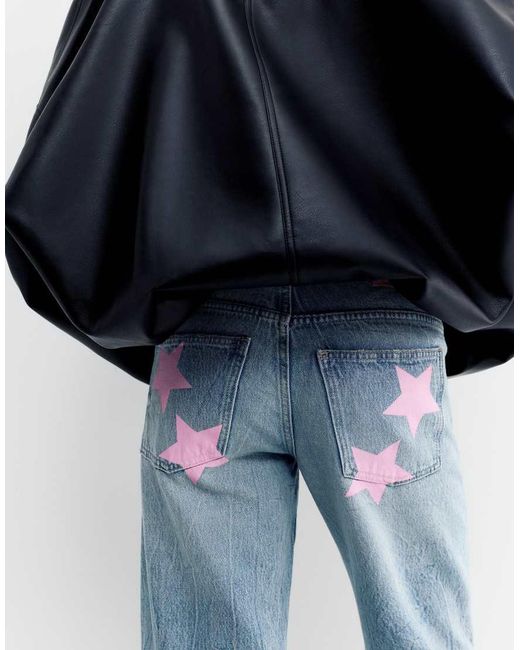 Pull&Bear Blue Low-Rise Straight-Leg Jeans With Stars