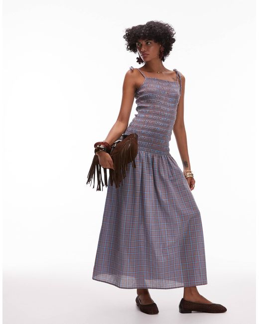 Robe froncée mi-longue à carreaux et fines bretelles TOPSHOP en coloris Purple