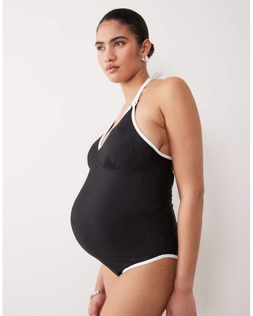 Mama.licious Black Mamalicious Maternity Contrast Binding Halter Swimsuit With Nursing Clip Function