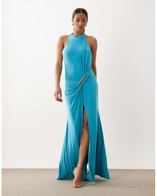 ASOS Blue High Neck Slinky Maxi Dress With Draped Metal Hardware