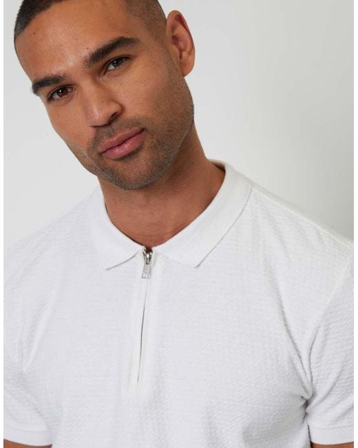 Threadbare White Textured Cotton Quarter Zip Polo Shirt for men