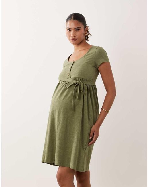 Mama.licious Green Mamalicious Maternity Button Front Tie Waist Midi Dress