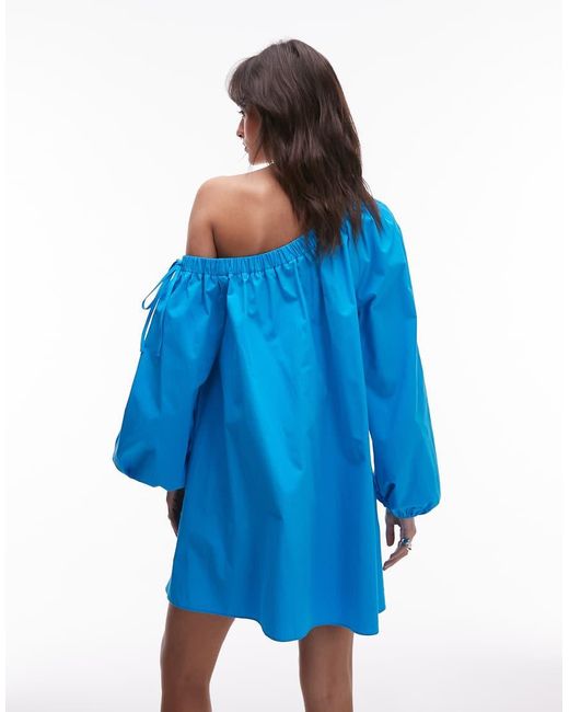 TOPSHOP Blue Off Shoulder Trapeze Poplin Mini Dress