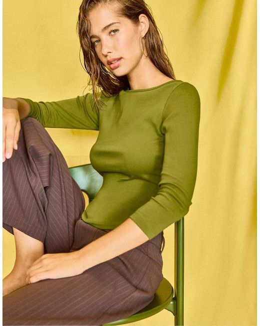 Stradivarius Yellow Boat Neck 3/4 Sleeve T-Shirt