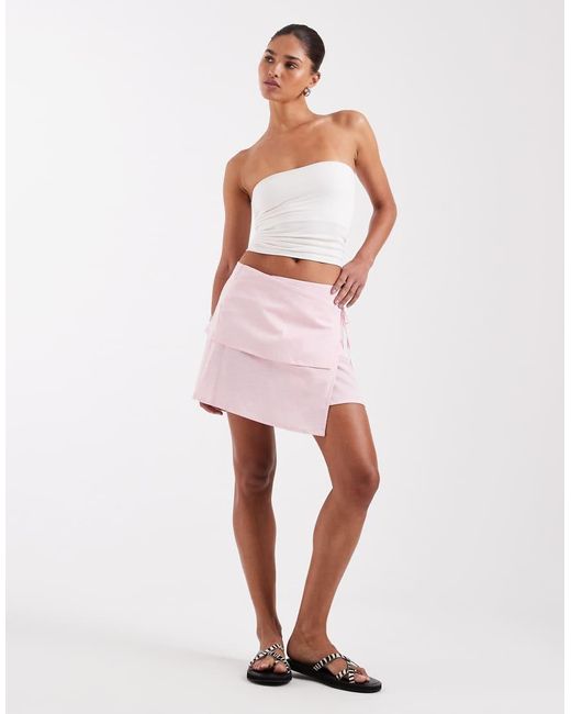 JJXX Pink Linen Blend Asymetric Tie Waist Mini Skirt
