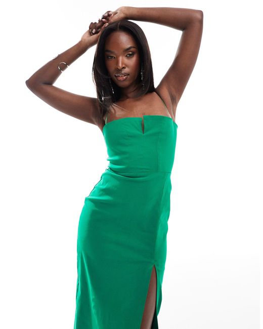 Vesper Green Notch Detail Cami Strap Thigh Split Midi Dress