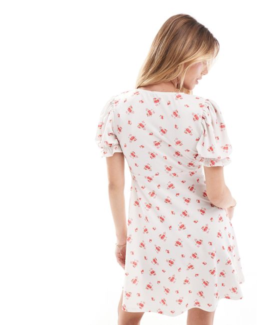 Miss Selfridge White – mini-freizeitkleid mit eckigem ausschnitt, puffärmeln und blumenmuster